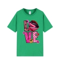 T-shirt verde neon a girocollo con stampa LOVE creativa e motivi leopardati e cuori - Verde