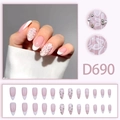 French almond press-on nails with white 3D floral reliefs and pearls, 24pcs set - D690 Glue Type (D690)