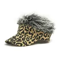 Leopard print visor cap with grey faux hair wig on top for casual street fashion wear - Adjustable / Gray