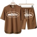 Completo uomo due pezzi marrone con t-shirt stampata grafica isola e pantaloncini - Taglia M / Caffè