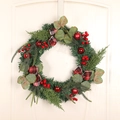 Artificial Christmas wreath with eucalyptus, red berries, and bow on white door - Red Plaid Bow Eucalyptus Wreath