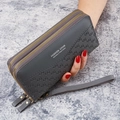 Gray double zipper long wallet with embossed pattern and wristlet strap for women - Gray