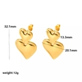 Doppellagige Gold Herzohrringe aus Edelstahl mit 32,1 mm Länge und 12 g Gewicht - Goldene Doppelte Herz-Hängeohrringe (TE6003-G)