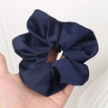 Large navy blue satin scrunchie with elegant vertical texture for thick hair buns - Navy Blue