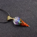 Hexagonal 7 chakra resin pendant necklace with colorful natural stone chips and cord - Cone Shape + Wax Cord