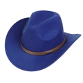 Macro detail of blue felt cowboy hat with brown leather band and metallic buckle - M (56-58cm) / 165 Series-Rectangular Metal Buckle / Sapphire Blue