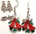 Christmas drop earrings featuring festive red bells, green trees and boots with white rhinestones - Red Bell Christmas Mix (EHMT-043HJ-JS)