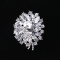 Elegant floral alloy brooch featuring sparkling crystal clusters and a rectangular center stone - MM-BR-2218 / Silver