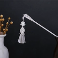 Detailed silver hair stick featuring turquoise hollow flowers and elegant long tassels - Silver/F526/Hollow Floral Tassel