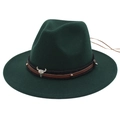 Dark green wool felt fedora hat with wide brim and decorative metal bull head buckle - Dark Green