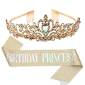 Golden Birthday Princess sash and crown set with colorful rhinestones for girls - Gold AB Rhinestone Set #2