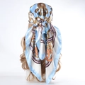 Blue and white satin square scarf with vintage gold chain print on blonde model - 90*90cm / Sky Blue Circle Chain