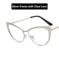 Silberne Cat-Eye Metallbrille mit klaren Gläsern und schwarzen Bügelenden - Silberner Rahmen Klare Gläser