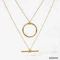 Minimalist gold double-layered stainless steel necklace with geometric circle and T-bar - Necklace (KDD392) / Gold
