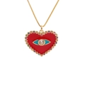 Gold heart necklace with red enamel evil eye and colorful zircon stones on white background - Red Evil Eye Heart