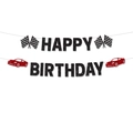 Glitzerndes Happy Birthday Banner mit roten Rennwagen-Motiven und Zielflaggen-Akzenten - Fertigprodukt - Rennwagen Thema