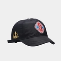 Detailed close-up of ethnic embroidery and golden trident emblem on a black baseball cap - Adjustable / Black