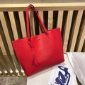 Red large capacity tote bag featuring lychee texture and stylish leather tassel - Red