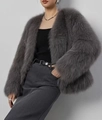 Detailed texture of fluffy grey faux fox fur jacket with a stylish V-neck collar - S / Gray