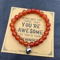 8mm orange zebra stone bead bracelet with silver heart charm on reminder card - Orange With Card