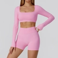 Pink seamless yoga set with long sleeve crop top and high waisted shorts - S / Long Sleeve + Shorts / Bubble Pink