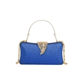Blue glitter evening clutch bag with gold leaf clasp and round metal top handle - Blue