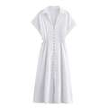Vestido largo blanco de manga corta estilo camisero con cintura ajustada y abotonado - XS / Blanco