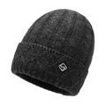 Dark grey knitted beanie hat with thick wool texture and a diamond metal logo plaque - One Size / Marl Grey