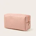 Rose pink octagonal woven PU leather toiletry bag with golden metal zipper detail - Octagonal Pouch / Rose Pink