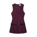 Sleeveless deep V-neck dark purple mini dress with pleated hem and black buckled belt - XS / Dark Red