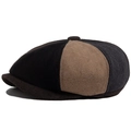 Retro newsboy cap featuring black brown and grey wool patchwork panels with visor - Color Block