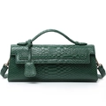 Deep green snake skin texture baguette bag with adjustable strap and metallic hardware - Snake Pattern Green