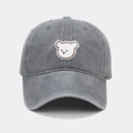 Close-up of the detailed white bear embroidery on this gray washed cotton baseball cap - Adjustable / Gray