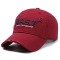 Distressed red cotton baseball cap with vintage embroidery and worn-out hole details - Adjustable / Red