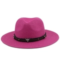 Rose red straw fedora hat featuring a brown leather band and silver bull head accent - M (56-58cm) / Rose Red