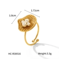 Detail view of 18K gold stainless steel scallop ring with four white pearls and dimensions - Shell With Four Pearls Style (HC-R30016)