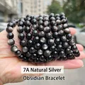 Handheld 7A natural silver obsidian beaded bracelets with silver cat-eye effect sheen - 7A Natural Silver Obsidian Bracelet 8mm/Approx 23pcs