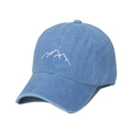 Detail of blue washed cotton baseball cap with white mountain peak embroidery - Blue