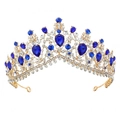 Elegant gold bridal tiara with sparkling clear crystals and blue teardrop gemstones - Gold Base-Royal Blue