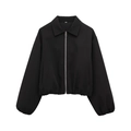 Women's black puffer jacket with front zipper closure and elastic ribbed hem and cuffs - XS / Black