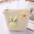 Cute off-white woven straw bucket bag for girls with rabbit and floral fabric patches - Little Rabbit / Cream