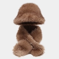Detail of warm brown faux fur winter set featuring a fluffy bucket hat and cross scarf - Dark Khaki Faux Fox Fur Hat & Scarf Set