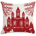 Funda de cojín de lino navideña con castillo rojo y nieve para decoración de sofás - 45x45cm / Castillo Beige Rojo (YMD239-3)