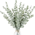 Close-up of frosted grey-green artificial eucalyptus leaves in a clear glass bottle - Frosted Dark Green