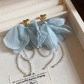 Light blue tulle flower tassel earrings with golden heart studs and crystal beads - Blue-Heart Tassel (925 Sterling Silver Earring Post)