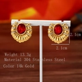 Detail view of 14k gold plated square earrings with red stone and micro-inlay - Red Retro Earrings (EH8493-G-Red) / Red/Gold
