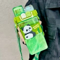 Green square panda water bottle with straw and adjustable carry strap for kids - 520ml / Green Panda