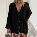 Women's black V-neck knit cardigan with gold buttons and a casual loose fit style - S / Black
