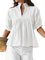 Women's white short sleeve V-neck blouse with ruffle collar and puff sleeves - S / White