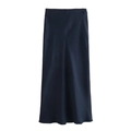 Detail view of navy blue satin midi skirt with silky texture and elegant glossy finish - Navy Blue